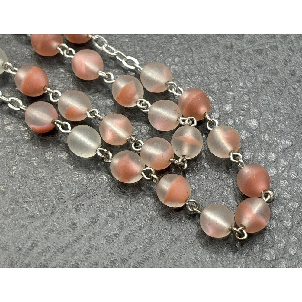 Dogwood Tree Pink Glass Rosary Bead Necklace Cross Pendant Silver Tone Boho